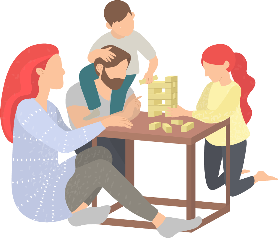 En familie som spiller Jenga