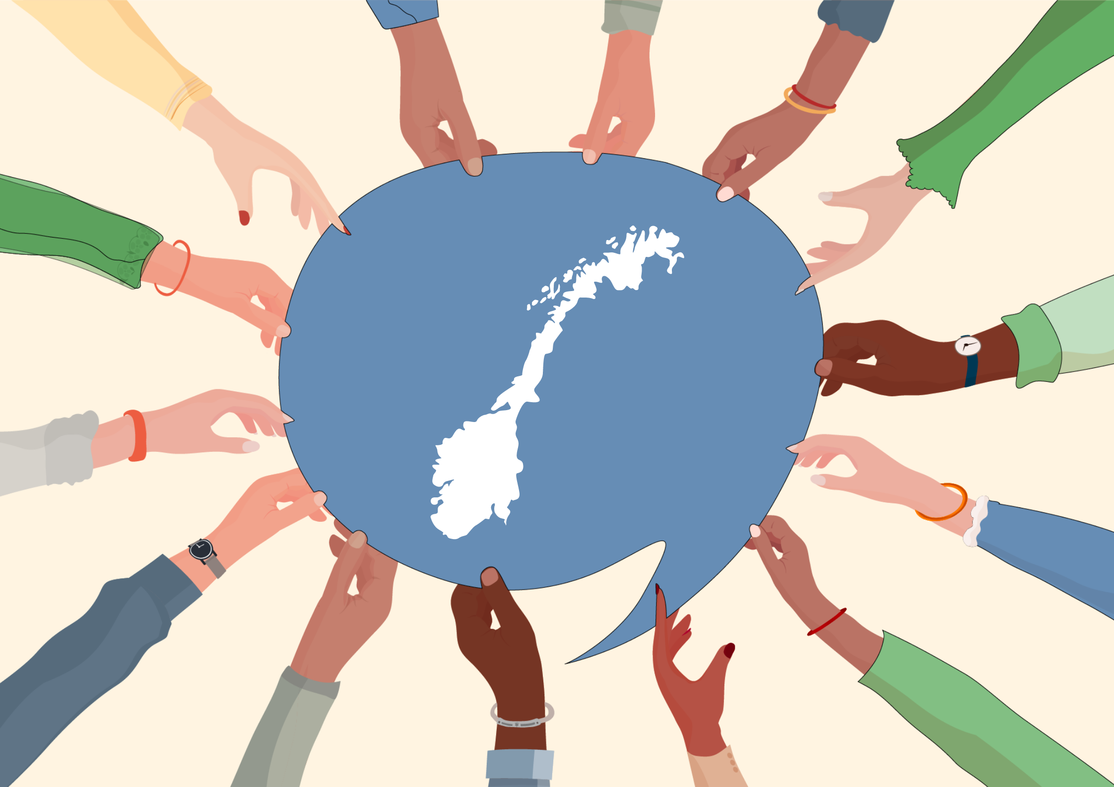 Illustrasjon av mange hender som holder i en snakkeboble som inneholder bilde av norgeskartet