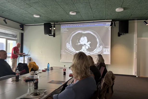 En gruppe mennesker som sitter ved et bord og ser på et projisert bilde